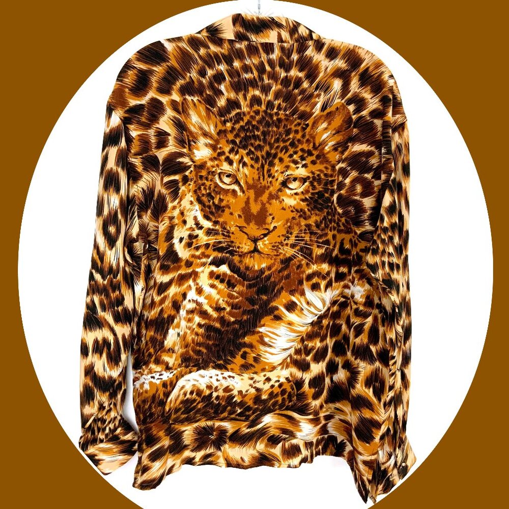 Vintage Fu Da 100% Silk Animal Leopard Tiger Print Blouse Sz M